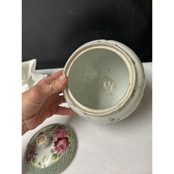 Antique Nippon Cabbage Rose Floral Lidded Footed Biscuit Jar Hand Painted - Picture 6 of 7
